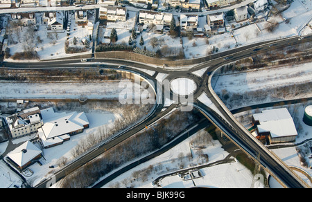 Aerial photo, street intersection in the snow in winter, Siegen, Sauerland, North Rhine-Westphalia, Germany, Europe Stock Photo