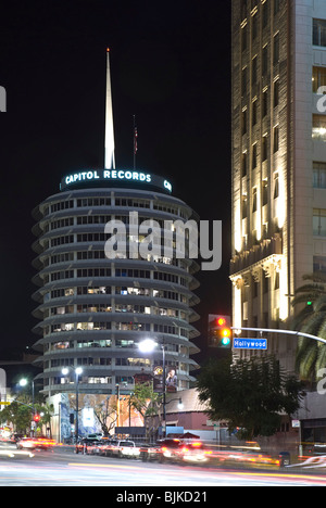 The Capitol Records building on Hollywood Boulevard, Hollywood, California, USA (Night View) Stock Photo