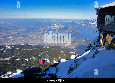 Red Cable cars route Mount Pilatus Swiss mountains scenery mountainous ranges northernmost area Swiss Alps Switzerland Stock Photo