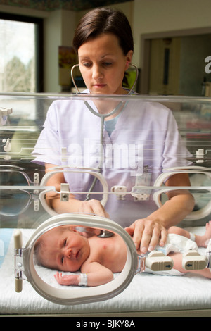 Nurse examining newborn in incubator Stock Photo