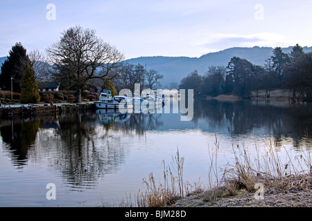 Southern tip of Lake Windermere at Newby Bridge on a frosty morning.