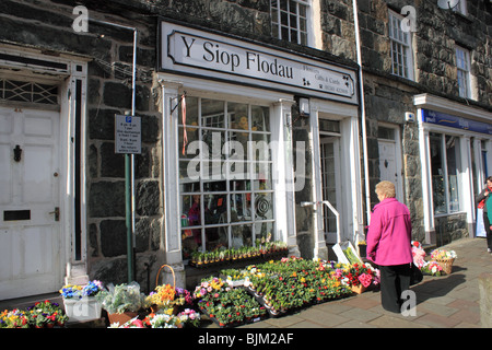 Flower shop in Eldon Square, Dolgellau town centre, Gwynedd, north Wales, Great Britain, United Kingdom, UK, Europe Stock Photo