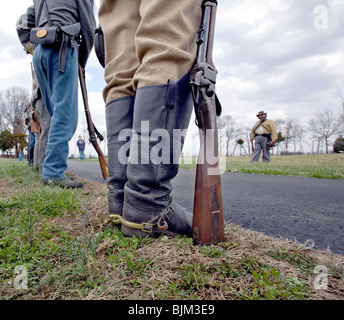 Reenactors of the 7th Tennessee Cavalry, Company C during a gathering at Parkers Crossroads, Tennessee. Stock Photo