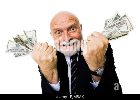 Excited mature man with large sum of money Stock Photo