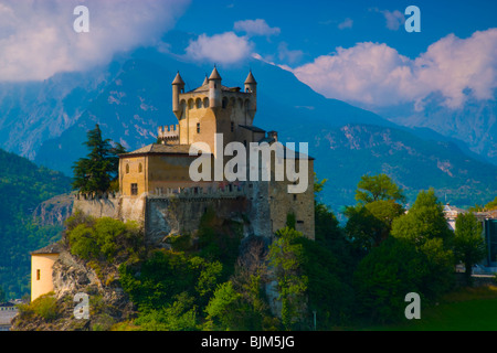 Castle in Val D' Aosta, Italian Alps, Italy, Saint Pierre Castle from 12th century, Mountains of the Mount Blanc, Massif beyond Stock Photo