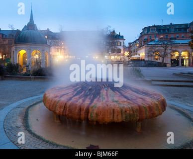 Kochbrunnenspringer spring, in the back the Kochbrunnen fountain, sodium chloride hot spring, Wiesbaden, Hessen, Germany, Europe Stock Photo