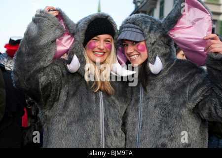 Two gray mice at the carnival procession in Malters, Lucerne, Switzerland, Europe Stock Photo