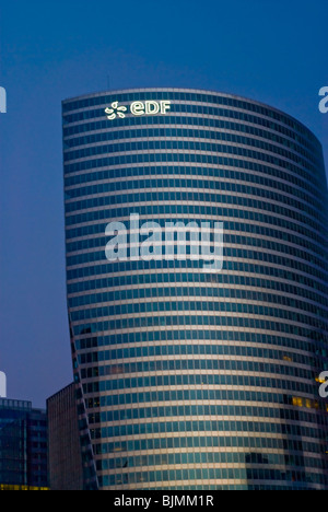 Paris, France- Commercial Architecture, La Defense Business Center, EDF Corp. Headquarters Building, French Energy Company. paris towers, corporate office building at night Stock Photo