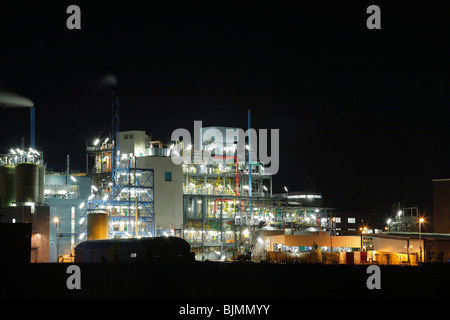 Bayer factory buildings and premises, night shot, Leverkusen, North Rhine-Westphalia, Germany, Europe Stock Photo