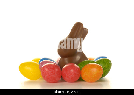 Chocolate Easter bunny and Easter eggs Stock Photo