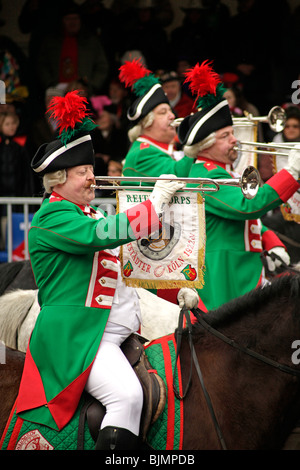Rider group with fanfares at the Rosenmontagszug parade, Carnival 2010 in Cologne, North Rhine-Westphalia Stock Photo