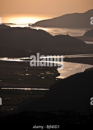 Sunset over the Mawddach Estuary viewed from Precipice Walk near Dolgellau. Snowdonia Wales UK Stock Photo