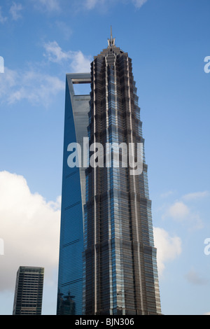 Jin Mao Tower on right and Shanghai World Financial Center on left, Pudong, Shanghai, China, Stock Photo