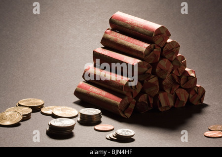 US Coins in 50¢ Pennies Wrapped on Black Background Stock Photo