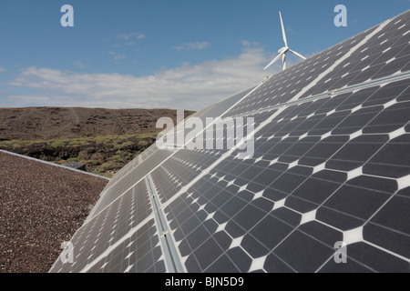 A photovoltaic panel on one of the houses at the newly inaugurated bioclimatic village at the Instituto Tecnológico y de Energía Stock Photo