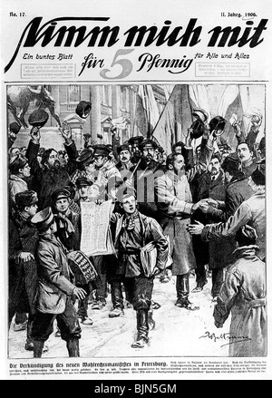 geography / travel, Russia, Revolution 1905, proclamation of the vote manifest, Saint Petersburg, December 1905, title of the communist newspaper 'Nimm mich mit', No. 17, 1906, Stock Photo