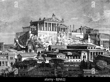 geography / travel, Italy, Rome, Capitoline Hill, Temple of Jupiter Capitolinus, view, 1st century AD, reconstruction, wood engr Stock Photo