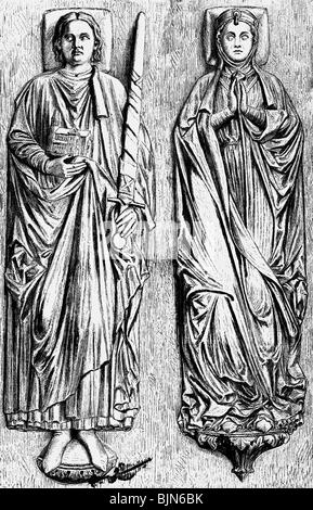 Henry XII 'the Lion', 1129 - 6.8.1195, Duke of Bavaria 1156 - 1180 and Saxony 1142 - 1180, with wife Matilda of England, tomb, Brunswick Cathedral, wood engraving, 19th century, , Stock Photo