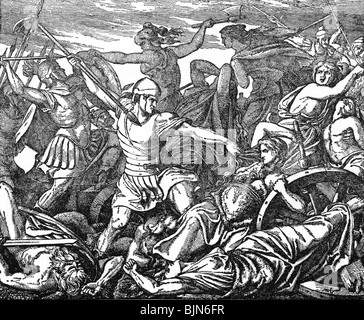 events, Cimbrian War 113 - 101 BC, Battle of Vercellae, 30.7.101 BC, Cimbrian women defending the carriages, wood engraving, 19th century, ancient world, antiquity, Roman Empire, Germanics, Cimbri, Romans, soldiers, legionary, Italy, 2nd century BC, historic, historical, ancient world, people, Stock Photo