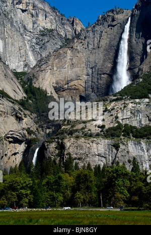 Upper and Lower Yosemite Falls as seen from valley floor, Yosemite National Park, California Stock Photo