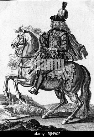 Philip V, 19.12.1683 -  9.7.1746, King of Spain 1700 - 1746, full length, on horseback, copper engraving, 18th century, Artist's Copyright has not to be cleared