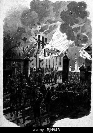events, revolutions 1848 - 1849, Austria, Vienna, destruction of the custom houses, March 1848, wood engraving, published in 1893, 19th century, historic, historical, fire, tollhouse, toll house, burning, people, Stock Photo
