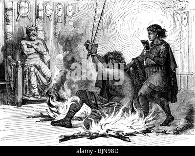 literature, Nordic Legends, Poetic Edda, Odin between two fires with King Geirrod, wood engraving after drawing by W. Heine, Edda, historic, historical, Germanic, Geirröd, people, Stock Photo