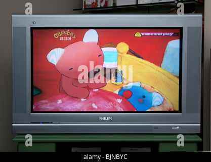 TV screen showing BBC CBeebies childrens programme Stock Photo
