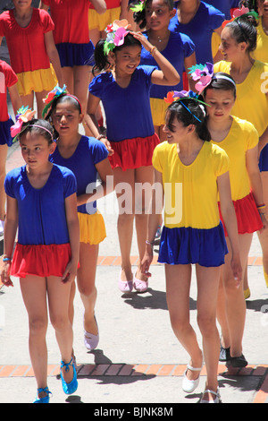 Girls acting with colorful clothes, Tunja, Boyaca, Colombia, South America. Stock Photo