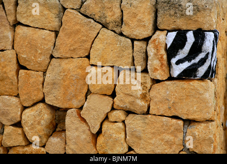 Unique, alone, only one zebra texture painted stone over masonry wall Stock Photo