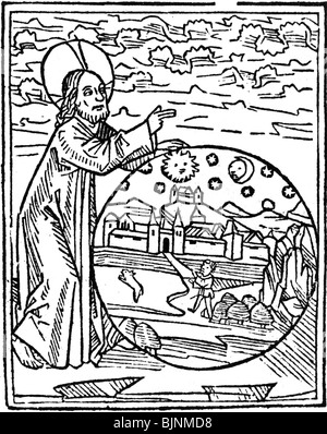 religion, creation of the earth, woodcut, 16th century, historic, historical, god, Book of Genesis, bible, creating, people, Stock Photo