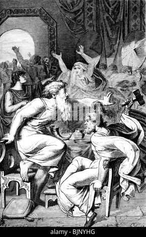 literature, Nordic Legends, Poetic Edda, Thor with Trymr, wood engraving after drawing by Ehrenberg, 19th century, historic, historical, Germanic, Edda, quarrel, dispute, fight, hammer, people, Stock Photo