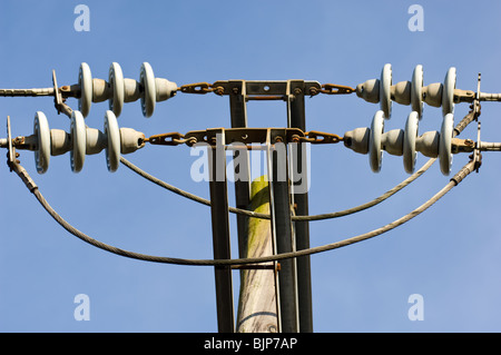 High voltage (33kV) ceramic insulators used to support and insulate a single overhead aluminum conductor. Stock Photo