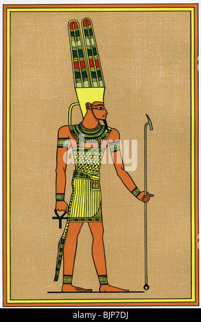 Ancient Egyptian god Amun (Amun-Ra), sitting on his throne and holding ...