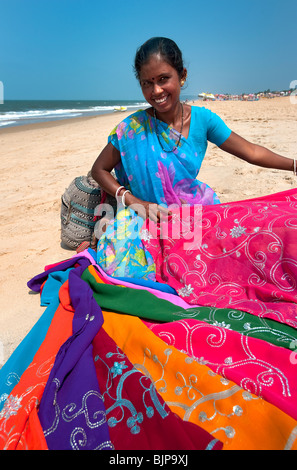 Saree Seller on Candolim Beach, Goa, India Stock Photo