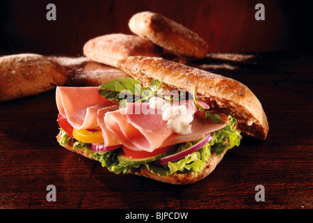 Ham and salad chiabatta sandwich. Food photos. Stock Photo