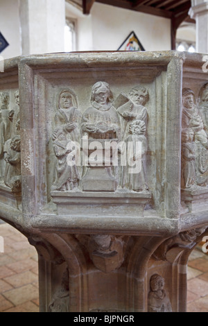 Seven Sacraments Font, 1 Baptism, St Bartholomew's Church, Sloley, Norfolk Stock Photo