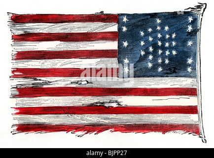 Fort Sumter's US flag after the bombardment, as raised in New York in 1861 by Major Anderson, Sumter commander. Hand-colored woodcut Stock Photo