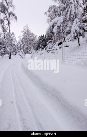 Deep snow in drifts on deck in back yard Stock Photo - Alamy