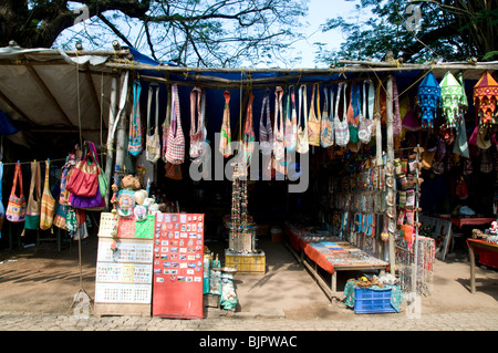 Ethnic colourful shoulder bags and lampshades for sale in a shop at Fort Kochi, Kerala, India Stock Photo