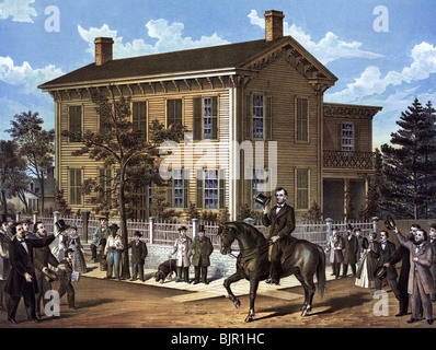 Print c1898 depicting Abraham Lincoln returning to his home in Springfield, Illinois, in 1860 after winning the US Presidency. Stock Photo