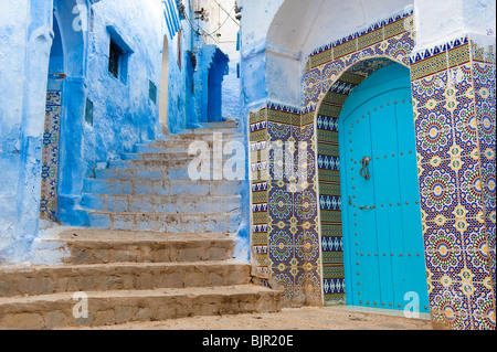 This is an image of the blue colored streets of Chefchaouen, Morocco. Stock Photo