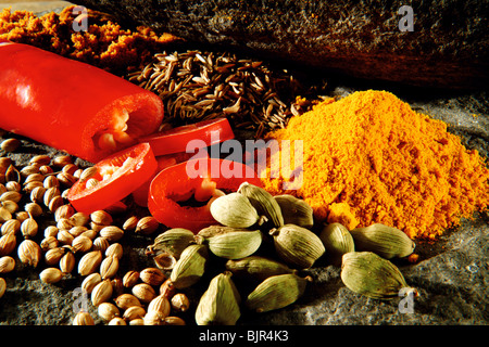 collection of ground and fresh  Indian asian spice arrangement Stock Photo