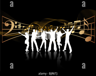 Silhouettes of people dancing on music background Stock Photo