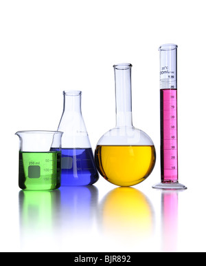 Laboratory glassware over white background with reflections on foreground Stock Photo