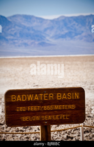 Sign at Badwater Basin, the lowest point on earth in Death Valley National Park, Nevada, USA. Stock Photo