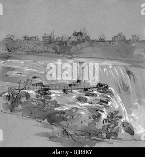 Drawing shows Niagara Falls from Goat Island on the American side and the Canadian Horseshoe Falls, 1853 Stock Photo