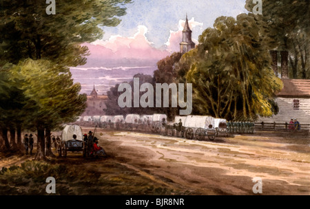 Scene of Duke of Gloucester Street in Williamsburg, Virginia, with soldiers and wagon train, 1862, during USA Civil War Stock Photo