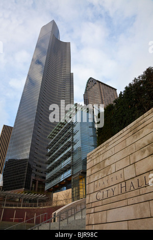 City Hall, Columbia Center Building and ATT Gateway Tower, Seattle, Washington USA Stock Photo