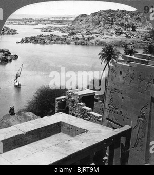 The Aswan dam as seen from the Philae temple, Egypt, 1905.Artist: Underwood & Underwood Stock Photo